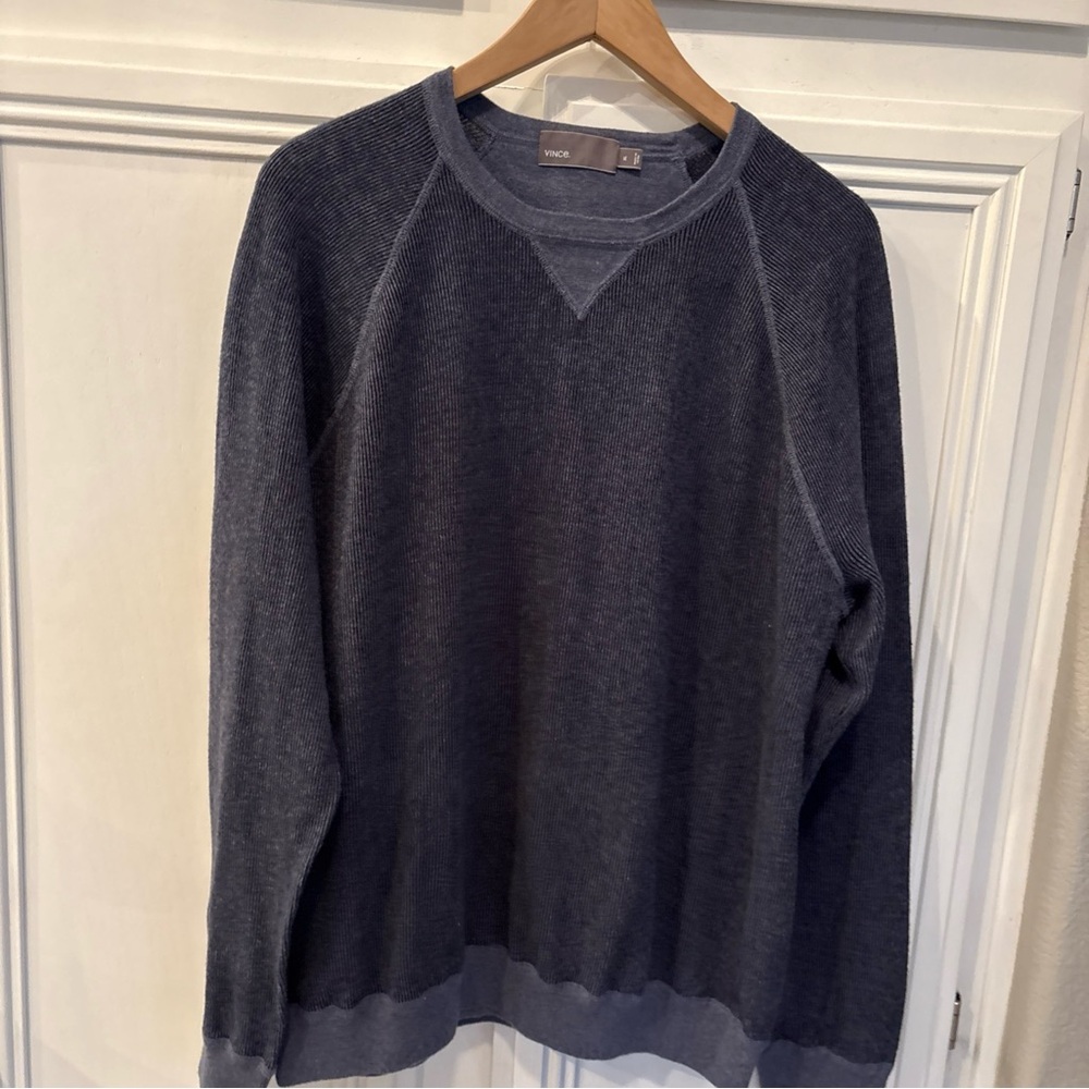 Vince Men's  Sweater Blue Wool Cashmere Blend Birdseye Knit Raglan Crew Sz  XL